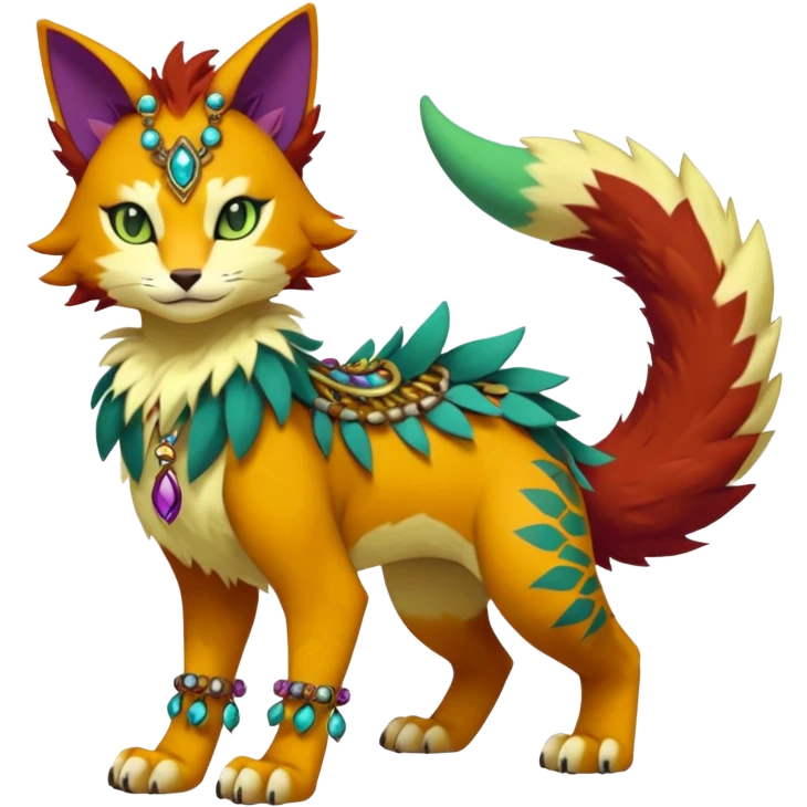 Kawaii cute reddish orangish yellowish greenish purplish exotic tribal beautiful pretty elegant divine edgy feline-vernid-sergal-Fakémon-Pokémon-Digimon-fursona-animal-creature with accessories, jewelries, full body, with intricate detailed markings emoji