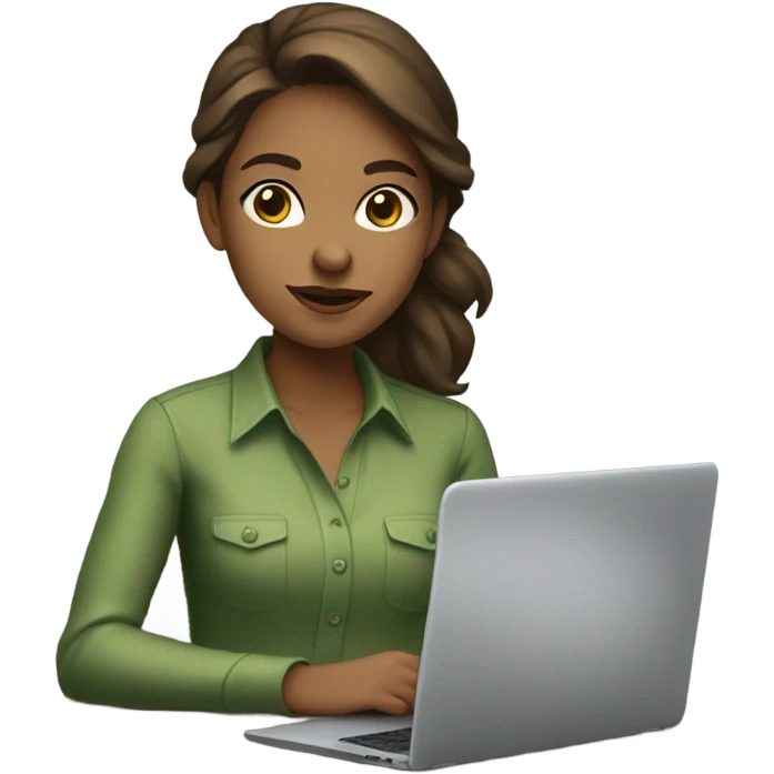 fair girl working on laptop designing website brunette green wearing  button up  emoji