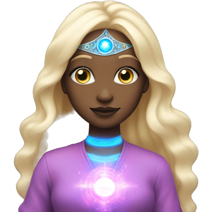 magical diva with thin pink andromedan face long blonde hair and blue eyes glowing third eye emoji