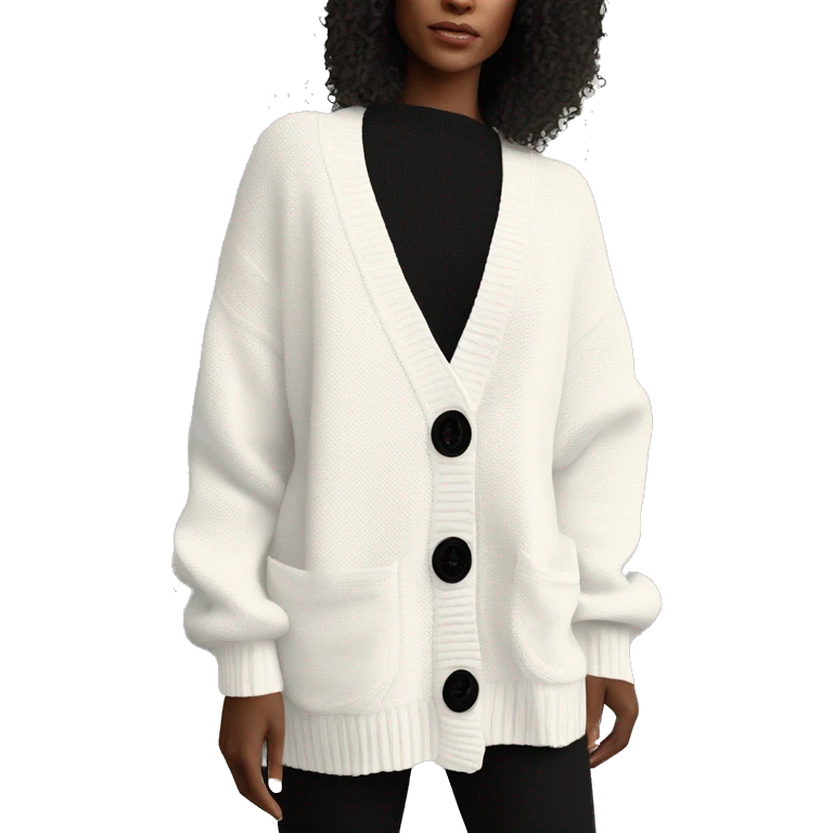 White oversized cardigan knit sweater with three black buttons, black trim around the sleeves and down the trim along the buttons emoji