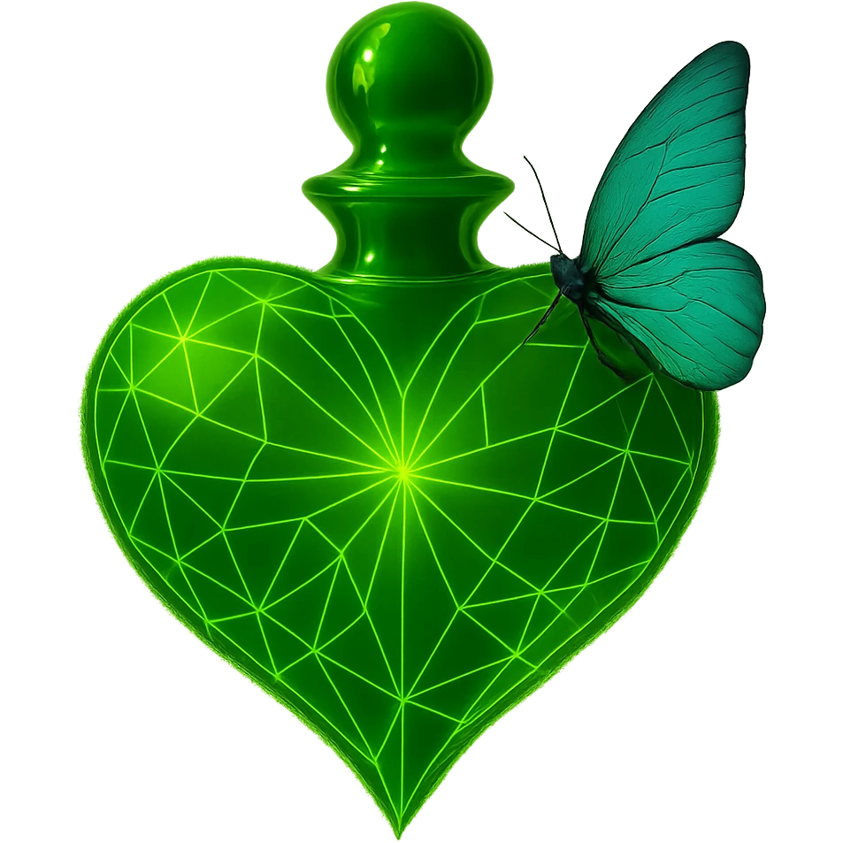 Edit the image to keep only one butterfly, positioned naturally as if sitting on the side of the bottle. Remove all other butterflies. Maintain the compact, luxurious heart-shaped bottle, neon green color, strong glowing aura, and transparent background. The style should match the original image's luxurious and glowing aesthetic. emoji