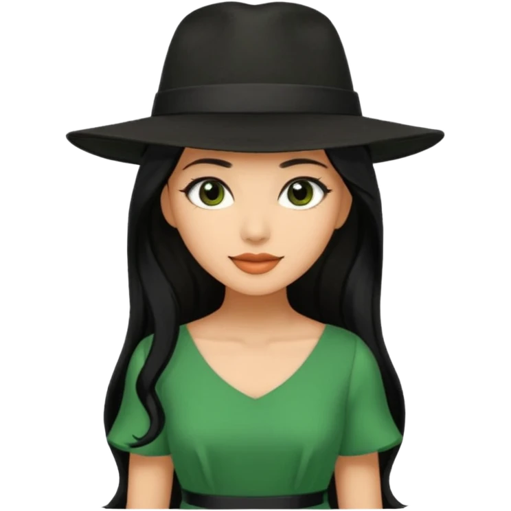 green dress black long hair black hat emoji