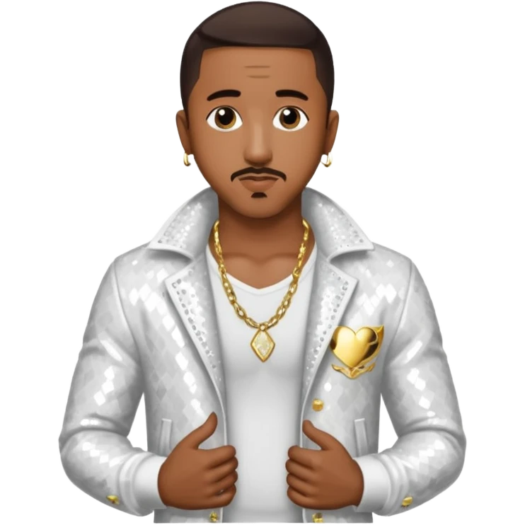Marques Houston with dark brown hair, white sequin jacket, shirtless with necklace emoji