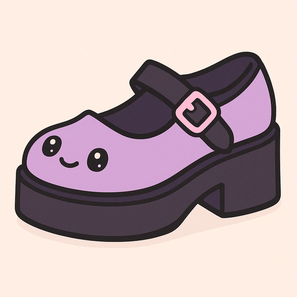 Make the BLACKPINK-inspired gothic shoes primarily purple with black and pink accents, cute and stylish, kawaii style, no socks, no hearts. emoji