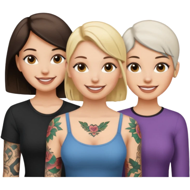 throuple blonde femaleand brunette female with bald tattooed emoji
