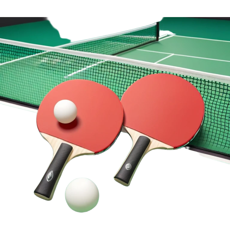 Two table tennis paddles and a ball placed on a ping pong table, with the net in the background. The scene conveys the simplicity and focus of the sport, with vibrant colors highlighting the rackets and ball on the smooth surface of the table. emoji