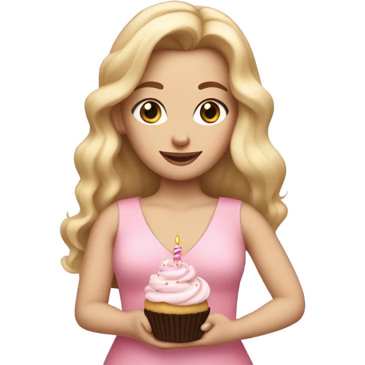 White woman, long hair, blonde hair, wavy hair, baby pink dress, holding birthday cupcake emoji