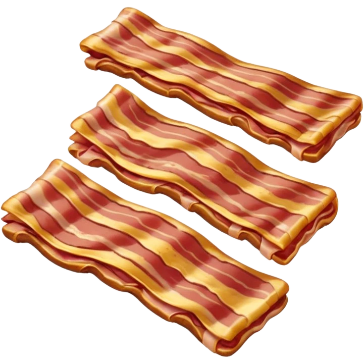 two strips of cooked bacon, wavy and slightly curled, reddish-brown with golden highlights, visible fat marbling, glossy and crispy, soft lighting, subtle shadows, no plate or utensils, no faces, transparent background, emoji scale emoji