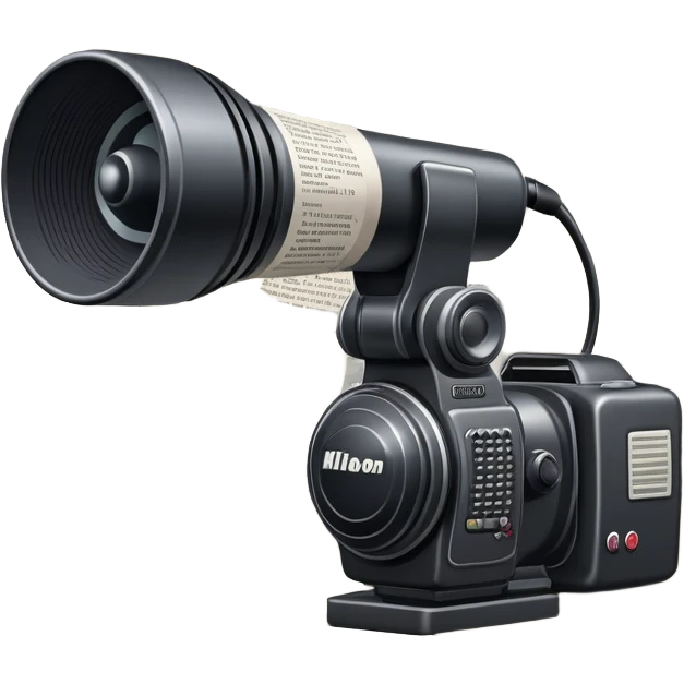 An icon featuring a microphone, a newspaper, a professional camera Nikon D5, representing journalism and mass media. The design includes headlines and imagery, symbolizing the spread of news and information. Transparent background highlights the power of communication and media. emoji