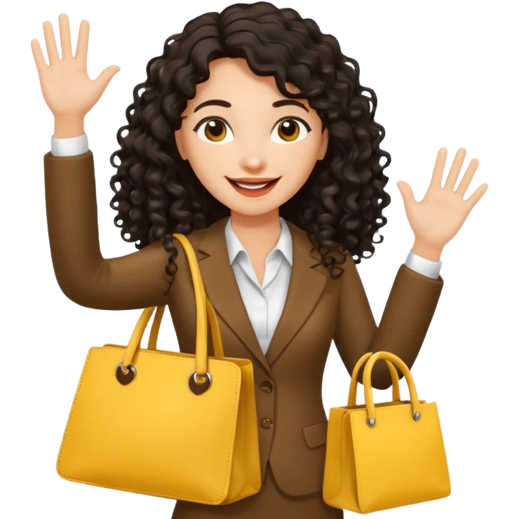 medium deep tan brown business woman with long black curly hair, waving hand with happy face with smile mouth and carrying yellow bag on her shoulder emoji