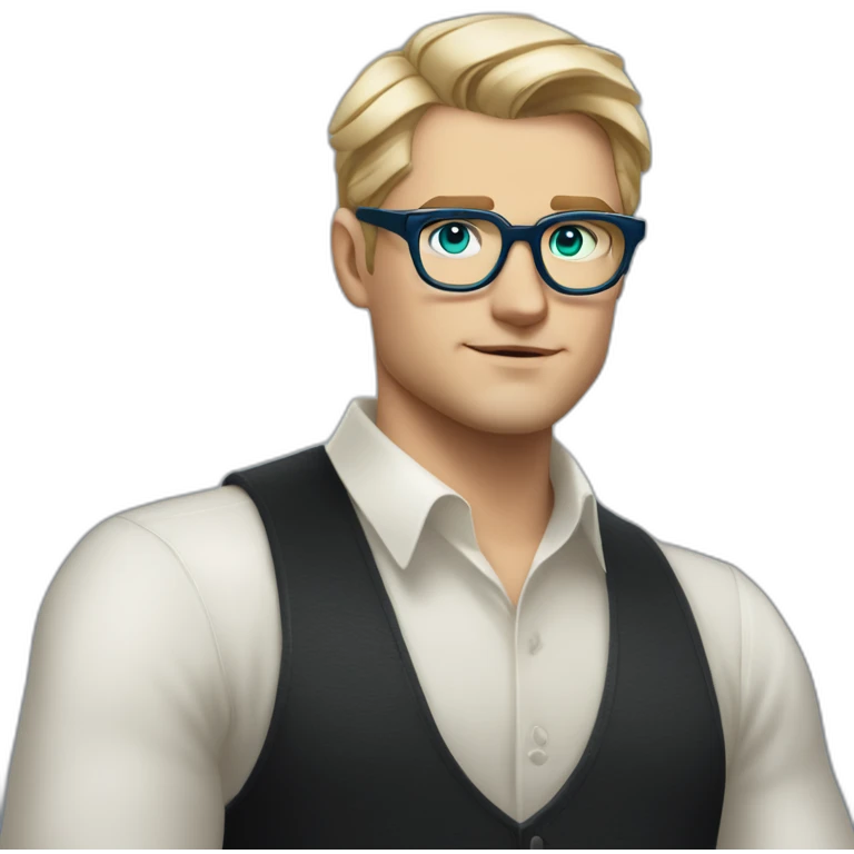 blonde hair white male wearing black shirt with bold blue thick glasses and has green eyes and blonde short hair in comb over Gatsby style similar face shape to Leonardo DiCaprio emoji