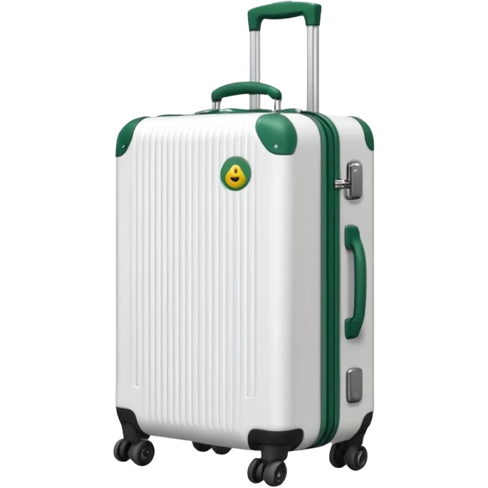 white ribbed suitcase on wheels with handle, dark green corners, handle and wheels, modern design, emoji style emoji