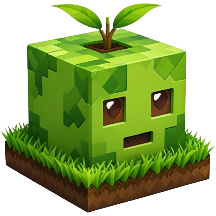 A 3D Apple-style emoji of a Minecraft grass block, cubic shape, with bright green grass on top and brown soil with pixel texture on the sides, simple and cute cartoon design. emoji