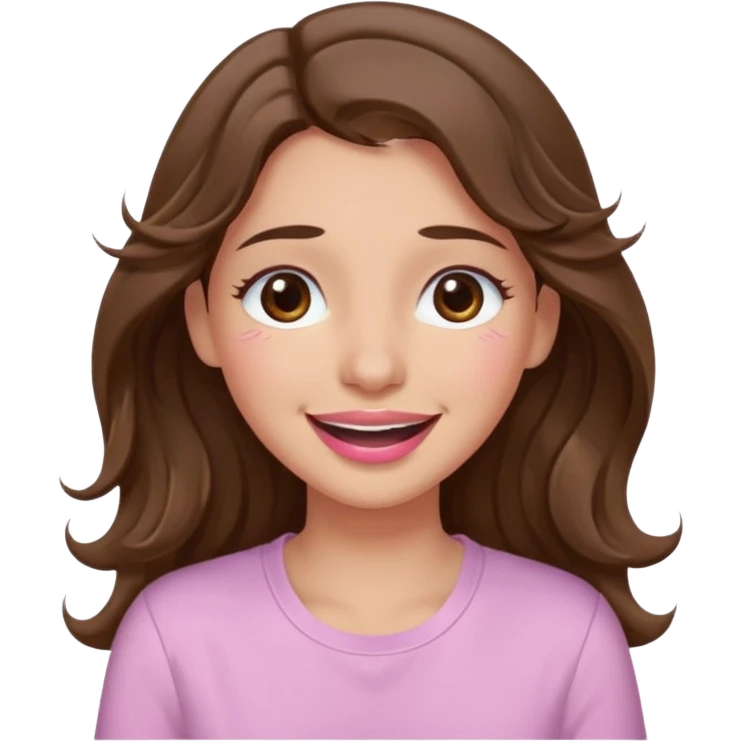 girl with wavy long brown hair, brown eyes, light to medium complexion, long lashes, light pink lipstick, wearing light pink shirt, smiling, crying, laughing, tears emoji