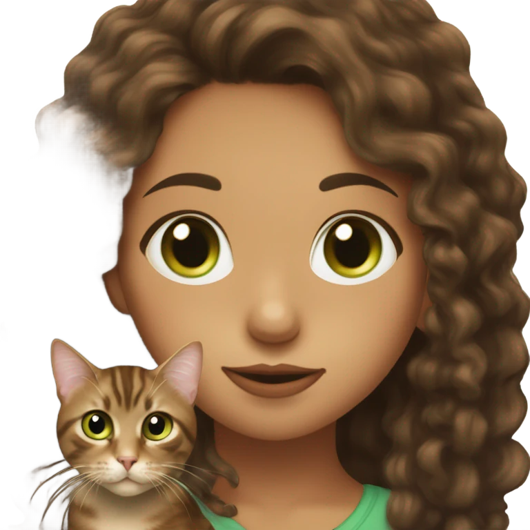 Girl with fair skin, hazel eyes, and long, dark brown curly hair kissing a brown tabby cat with green eyes on its head emoji