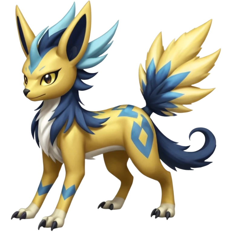 Feral Scaly Striking Slaying Badass Evil Handsome Lightning-patterned Zig-zagged buzzy fuzzy Meloetta-Renamon-Zeraora-Luxray-Cobalion-Absol-Vernid-fusion-hybrid-creature, full body  emoji