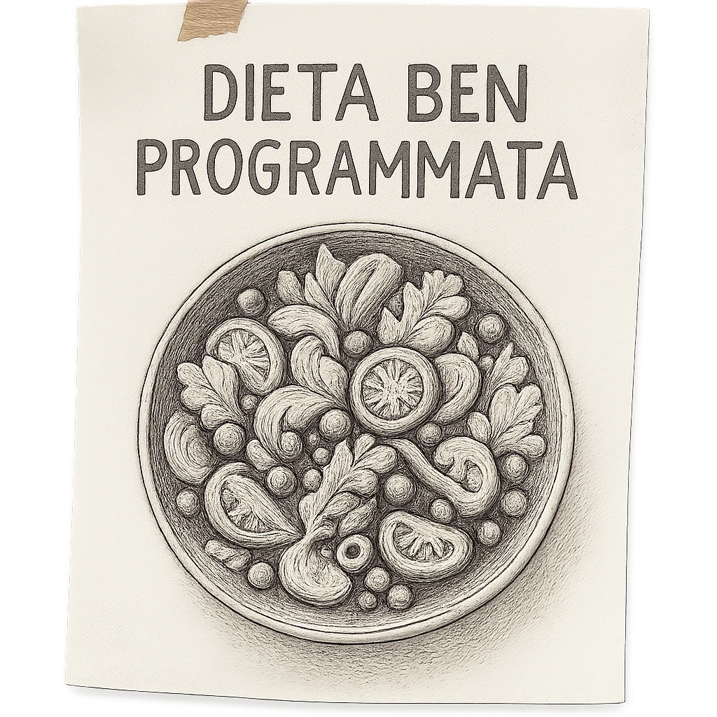 hyperrealistic 4K top view of a sheet of paper with a bowl of salad drawn on it and the text 'DIETA BEN PROGRAMMATA', variation 5, no background emoji