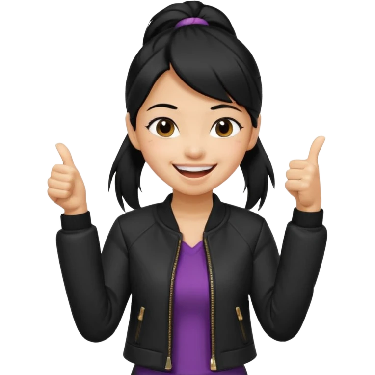 A girl with a pony tail black hair and Asian tan skin, Asian eyes, with a black jacket and a black purse, laughing with arms crossed giving a thumbs up  emoji
