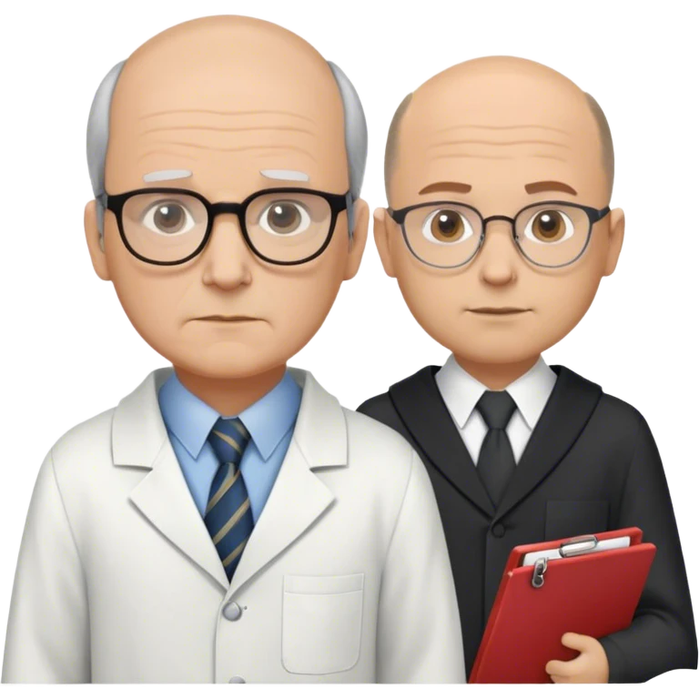 Create two side-by-side emojis:
Joseph Wolpe: Serious, glasses, balding, button-up with tie, clipboard.
Hans Eysenck: Confident, glasses, academic robe, research paper.
Both characters should be next to each other emoji