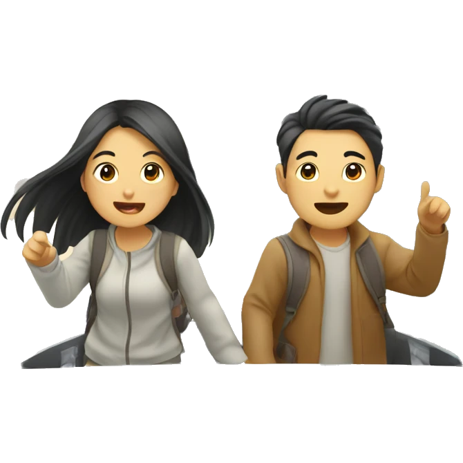 Cute Asian couple (girl with long hair) excitedly traveling  emoji
