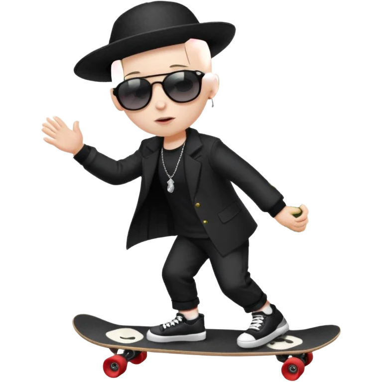 ["A sad boy with pale skin, bald, wearing a sunhat and sunglasses, dressed in goth fashion, is skateboarding while holding a flower bouquet."] emoji