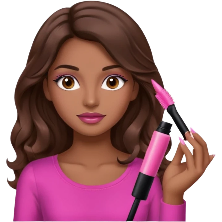 gorgeous woman, light brown skin, dark brown eyes, long wavy brown hair, pink top, clear lipgloss, mascara  emoji