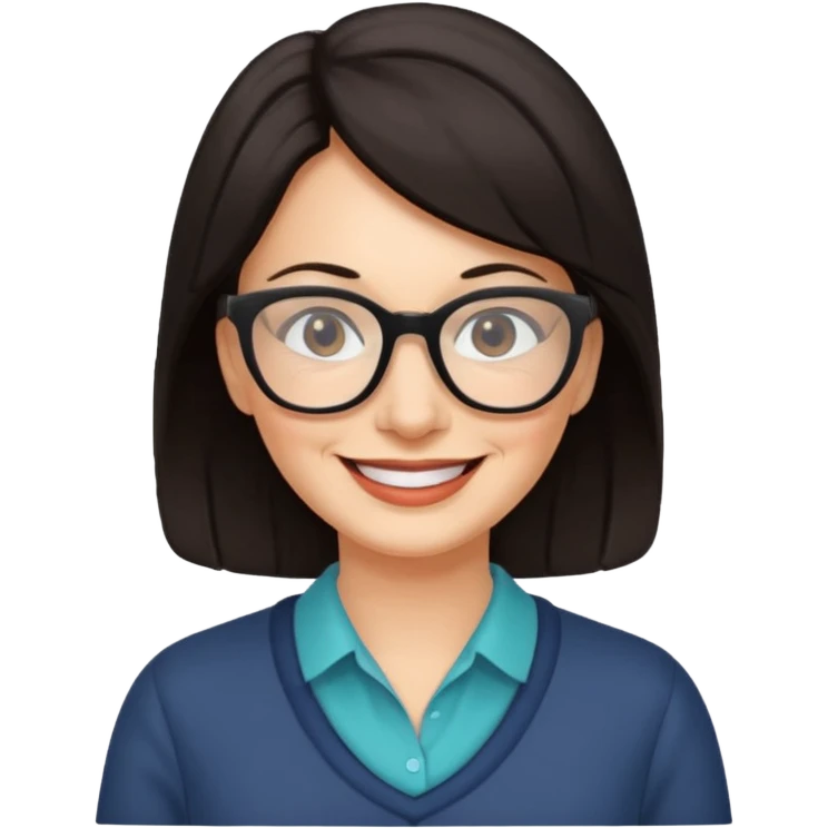 50 y.o. woman dark hair smile, glasses emoji