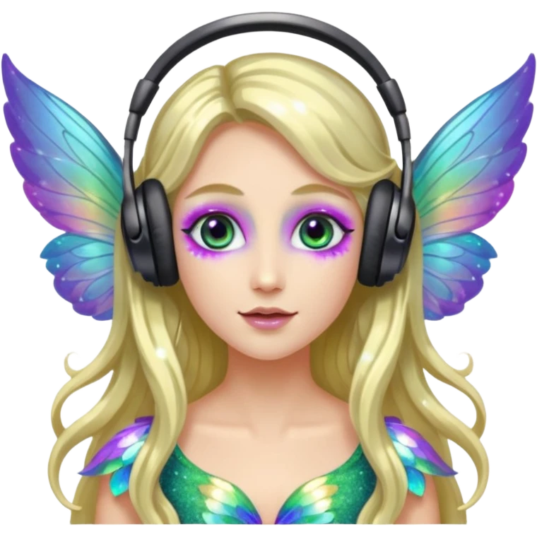 long haired make glitter makeup fairy wearing headpones wing wings
 emoji
