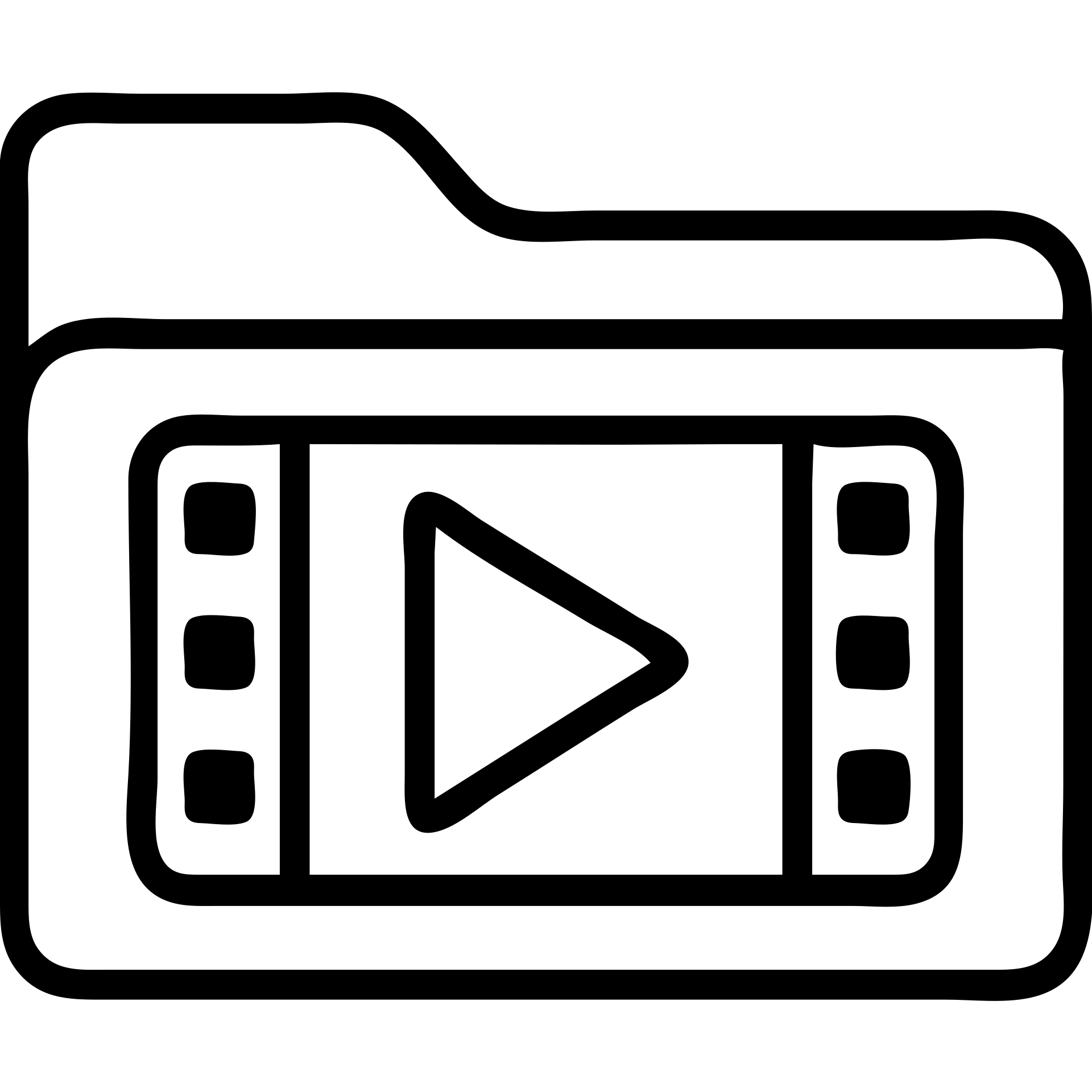 Create a very simple flat color clip art style video library folder icon matching the blue folder icon design. The icon should be minimal with a transparent background, no text, featuring a white play button and film strip details on the folder, and a thin black outline matching the original folder icon style. emoji