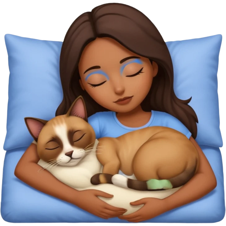Brown girl sleeping and cuddling with siamese cat emoji