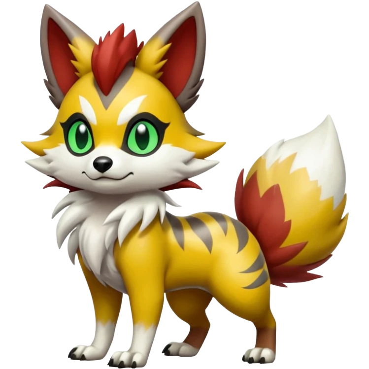 Green-Yellow-Mango-Gradients-colored Lycanroc-Furret-Zorua-Poochyena-fusion, full body, with black and white edgy markings patterns emoji