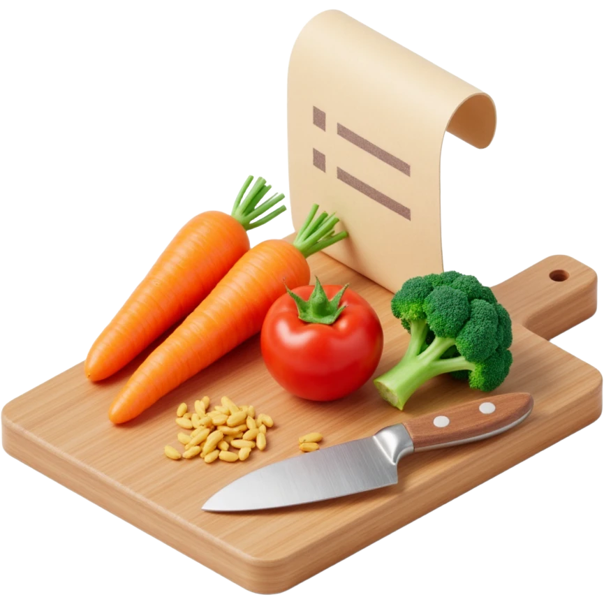 carrot tomato brocoli on the wooden cutting board with floating rolled paper list emoji
