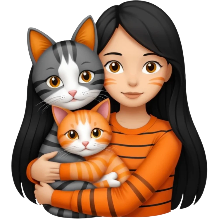 A clean girl with black long hair hugging an orange and a gray cat, both with stripes  emoji