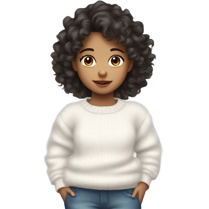 Young cute girl with dark wavy hair in white fluffy sweater emoji