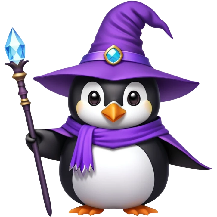 Penguin wearing a purple wizard hat and holding a magic wand emoji