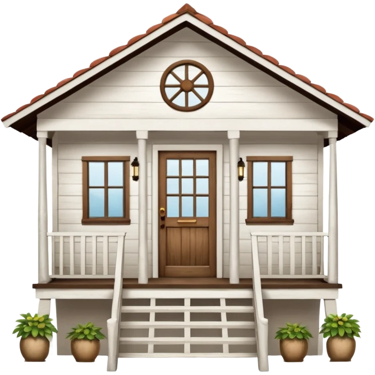 A typical wooden house from rural Puerto Rico with a central functional door, two symmetrical windows, a front porch with open railings, and a rocking chair. The house should look humble but well-maintained, evoking warmth and authenticity. emoji