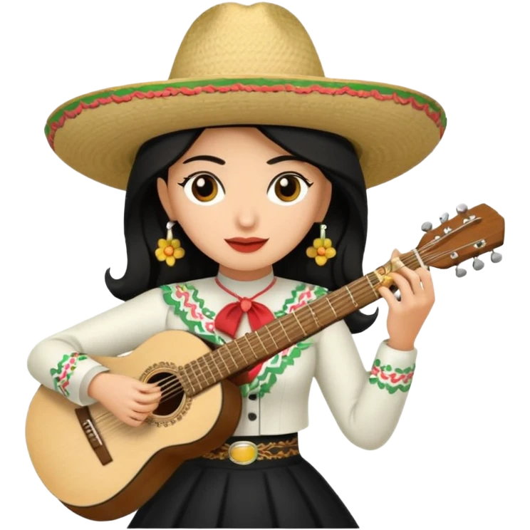 Mujer blanca con cabello negro teniendo un sombrero de mariachi sosteniendo una guitarra emoji