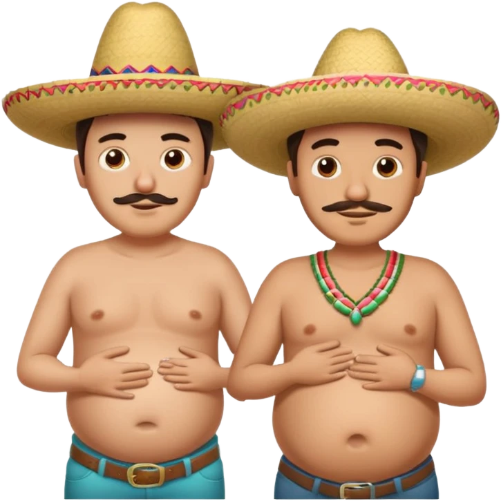 only two men standing besides each other. 1 man is white and not pregnant, and the other man is mexican wearing a sombrero and pregnant, holding his belly.  emoji