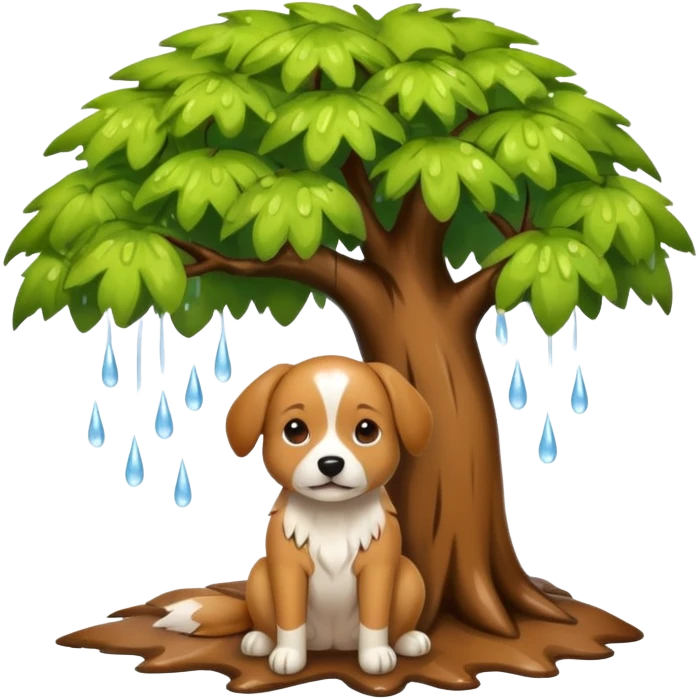 a dog sitting under a tree in the rain emoji