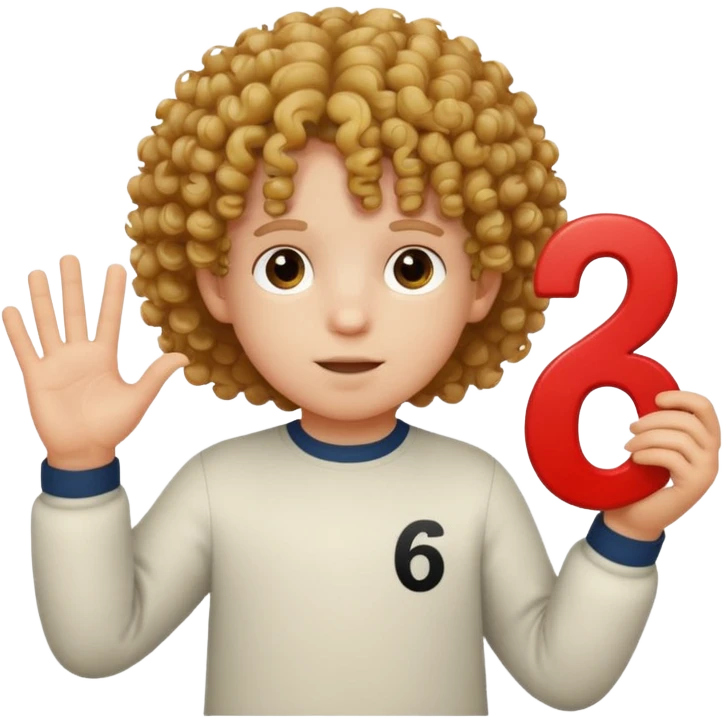 A curly-haired, white child holding the number 6 in his right hand and the number 7 in his left hand. emoji