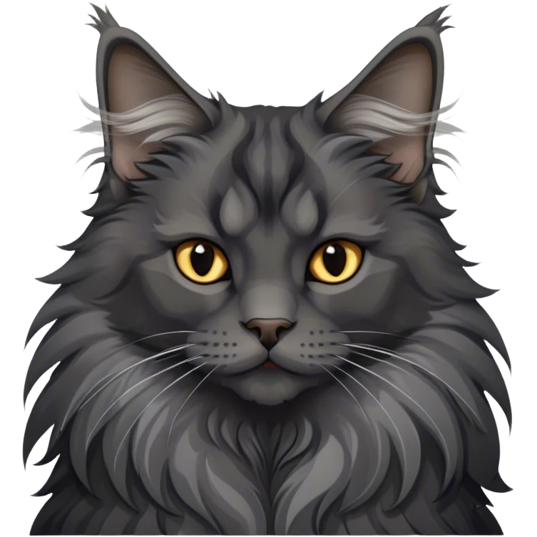 Portrait of a black smoke Maine Coon cat with long grey ear tufts and a large grey ruff around its neck. The cat has a majestic expression, with fluffy fur and striking eyes. Transparent background. emoji