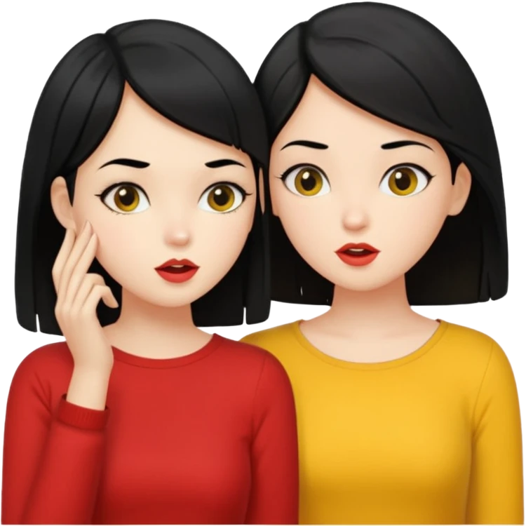 2 girls gossiping. both are fair and have black hair. One has short hair, one has long. One is wearing yellow, one is wearing red emoji