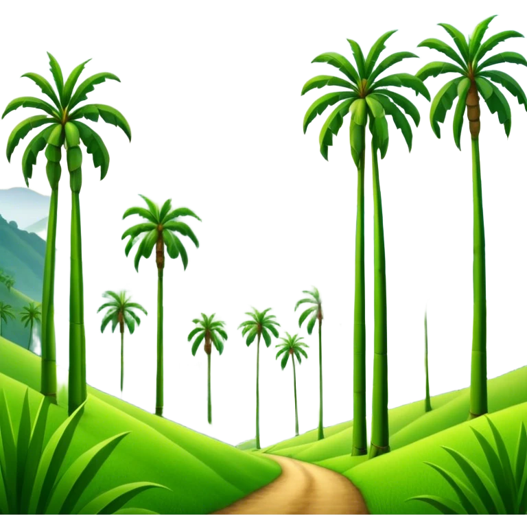 Cinematic Realistic Cocora Valley Landmark Emoji, featuring towering wax palm trees swaying in the misty green valley, with rolling hills and distant mountain peaks bathed in warm morning light. emoji