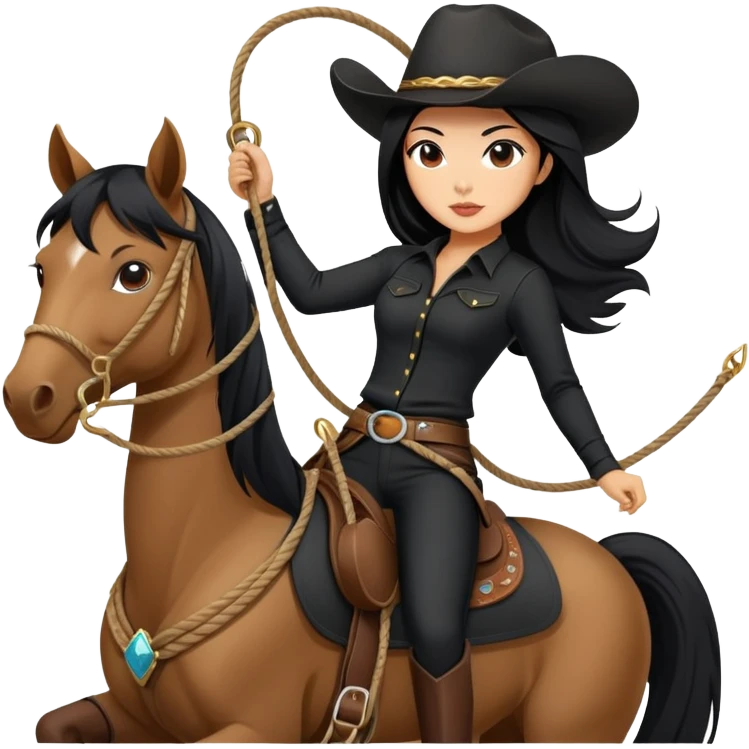 confident Asian woman with long black hair wearing black outfit riding a horse cowgirl style with a lasso emoji