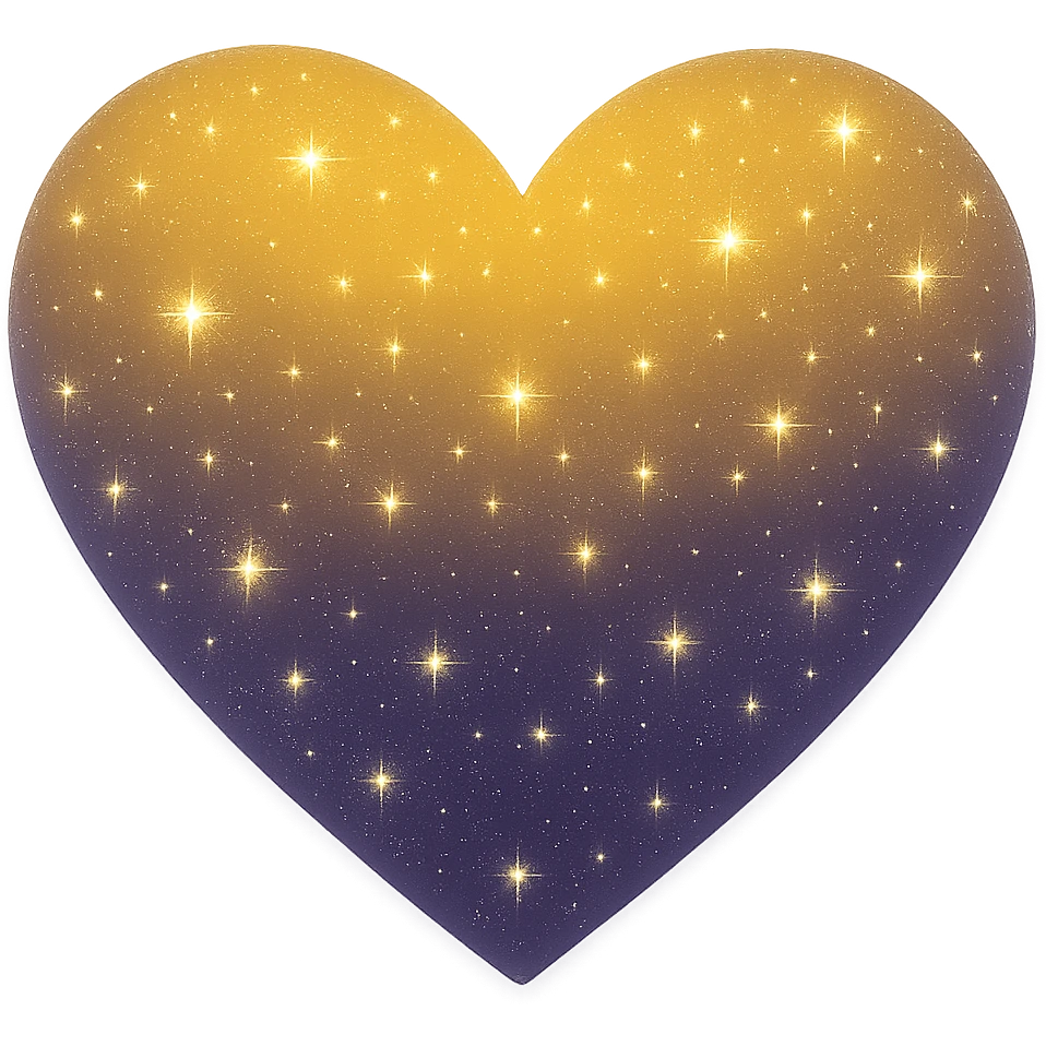 Modify the heart with a night sky gradient to a yellow night theme with a purple gradient, more stars, and a soft glow. Remove the background entirely  emoji