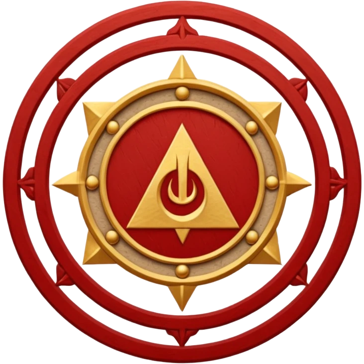 a circular casting sigil inspired by the wizard101 balance school using base color sand and trim color red. A golden scale in the middle as a focus  emoji