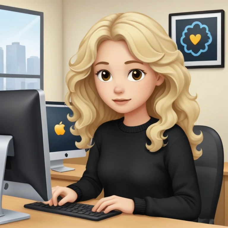 pretty brown-eyed blonde young woman with wavy hair, wearing a black sweater, working on a computer in a cozy office emoji