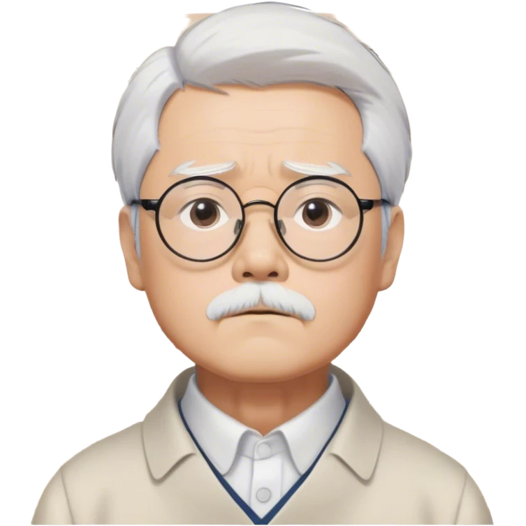 ​Cinematic Realistic Portrait of Hayao Miyazaki, depicted with striking white hair, defined black eyebrows, and large rectangular glasses, his thoughtful expression rendered in lifelike detail against a background of whimsical Studio Ghibli-inspired sketches, illuminated with soft, realistic lighting that emphasizes his creative genius, emoji