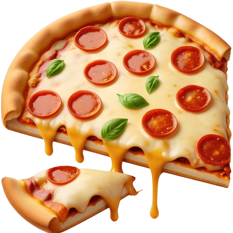 Cinematic cheesy pizza slice, gooey melted cheese stretching as a bite is taken, crispy golden crust, rich tomato sauce, vibrant toppings, warm glowing background, inviting and delicious. emoji