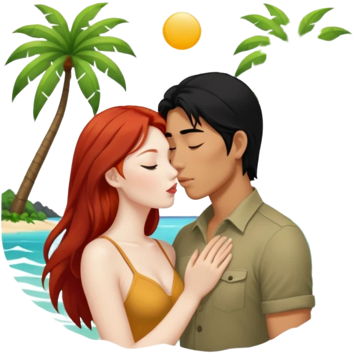 long black haired asian guy kisses redhead girl on island emoji